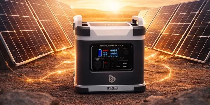 An ENA portable outdoor power station on open ground at sunrise, flanked by two banks of ENA solar panels